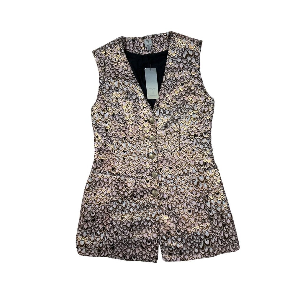 Vintage 90s Tristan Women's Pink Sparkly Metallic Gold Scale Design Vest XS - NW